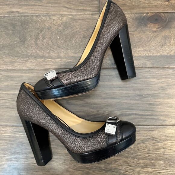 Coach Black & Brown Subtle Reptile Print Platform Almond Toe Heels - Size 7 EUC - Picture 7 of 8